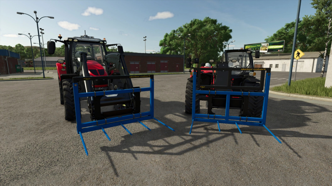 Farming Simulator 25 mods: two tractors equipped with Robert FB160/FB200 v1.1.0.0 front loader attachments, ready for farm tasks.