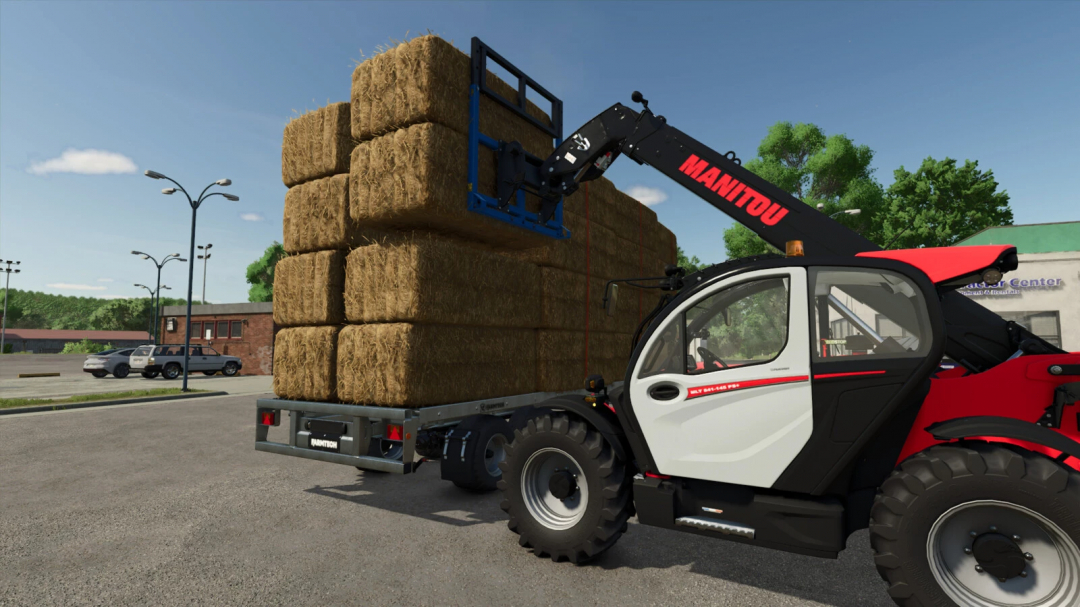 Farming Simulator 25 mod: Bobcat telescopic forklift lifting hay bales, with Manitou crane, in a parking lot setting.