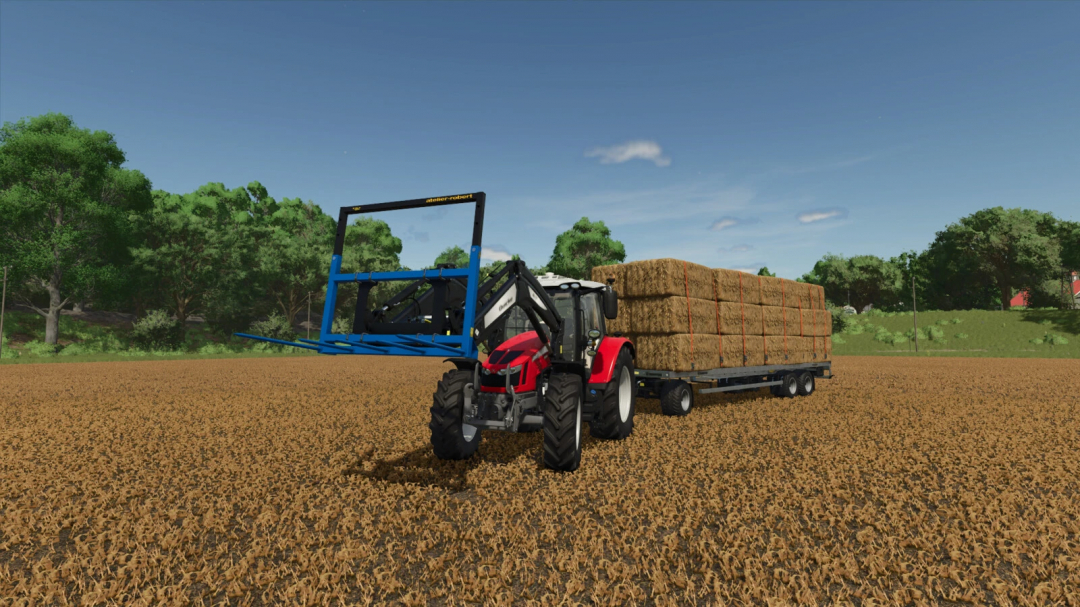 Farming Simulator 25 mods: tractor with hay wagon and Robert FB160/FB200 mod for bale handling, in a field with hay bales, sunny weather.