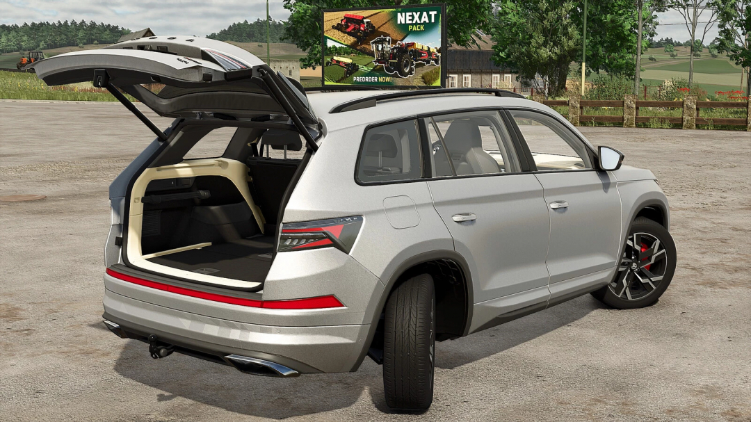 Silver SUV from Farming Simulator 25 mods with open trunk, showcasing the Skoda Kodiaq RS Plus v1.0.0.0 mod in Farming Simulator 25.