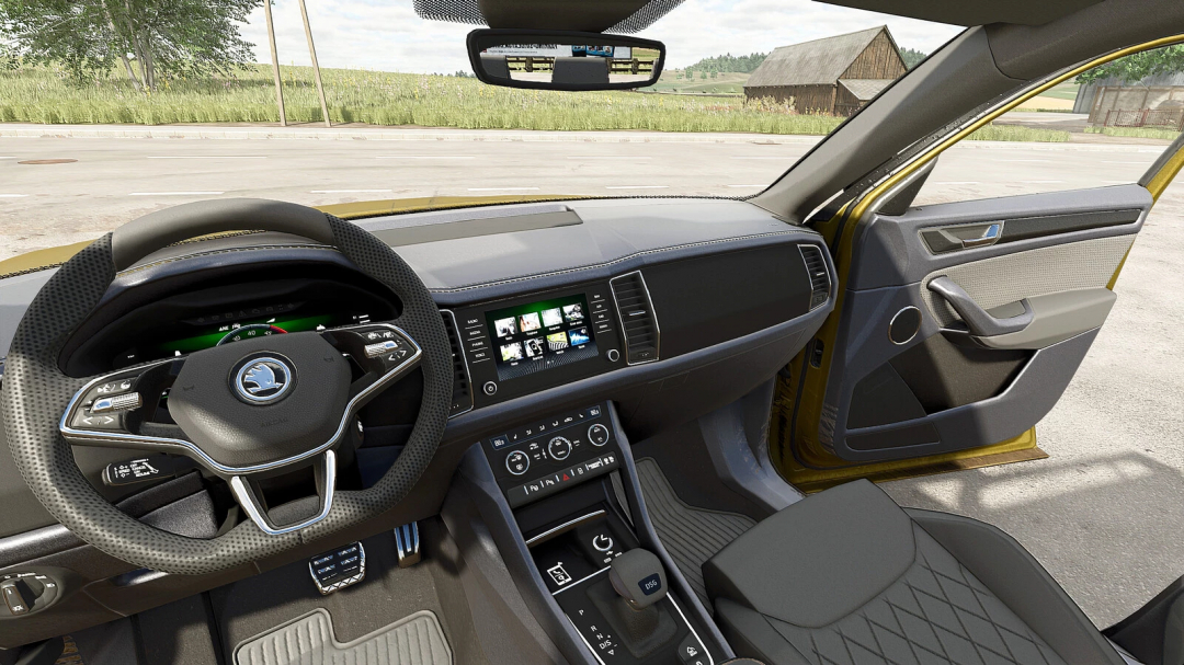 Interior of a Skoda Kodiaq RS Plus in Farming Simulator 25, showcasing the dashboard and steering wheel with farm landscape outside.