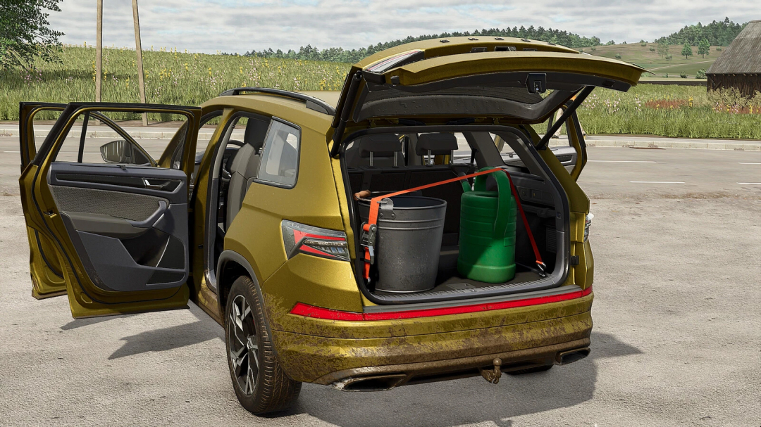 Farming Simulator 25 mod showcase: a Skoda Kodiaq RS Plus with open doors and a loaded trunk containing buckets and a watering can.