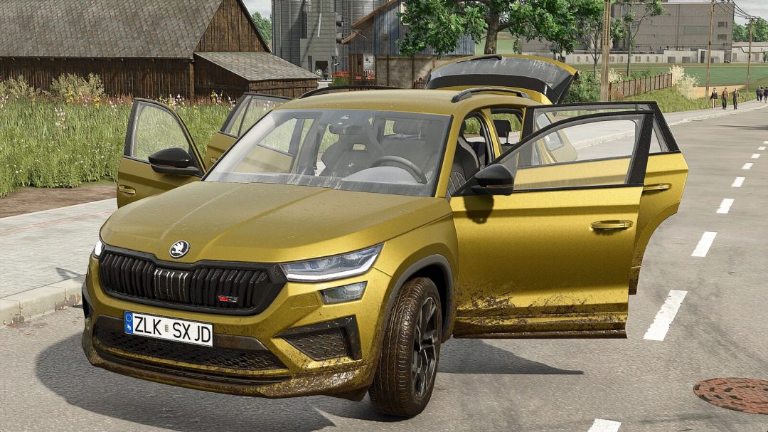 Farming Simulator 25 mod image of a Skoda Kodiaq RS Plus v1.0.0.0 in yellow, with open doors and a slightly muddy lower body.