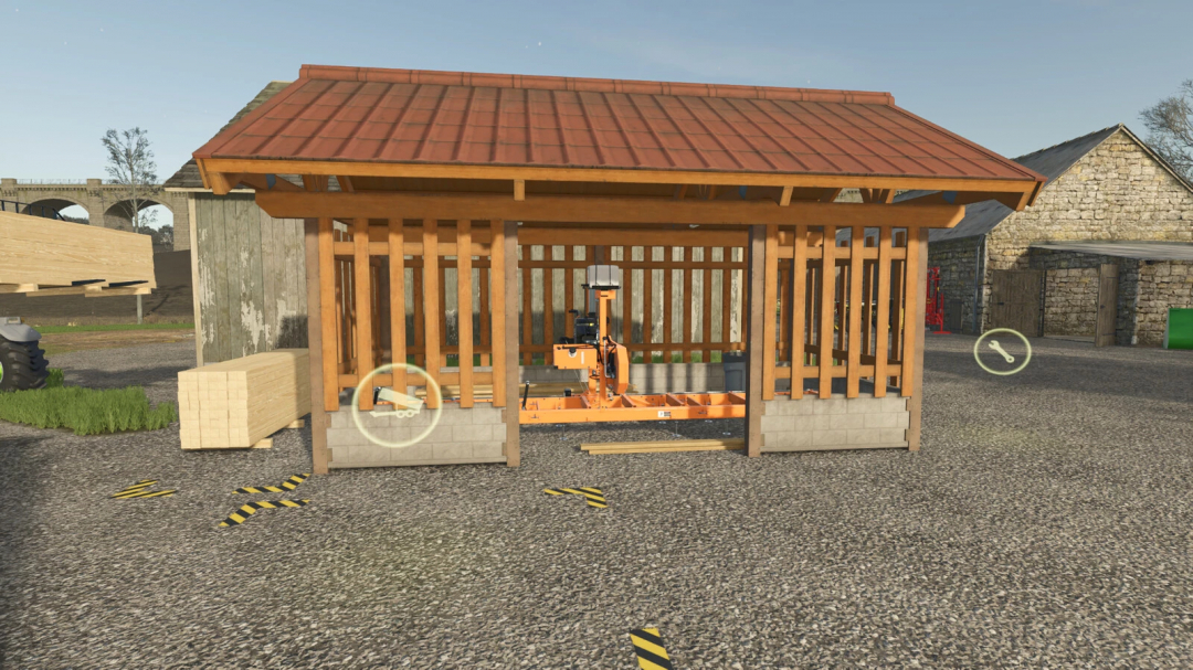 Farming Simulator 25 mod: Small Sawmill v1.0.0.0 in progress, with timber being processed inside a wooden structure.