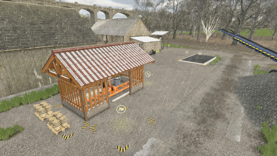 Farming Simulator 25 mod scene featuring a small sawmill under a rainy sky with construction supplies nearby.