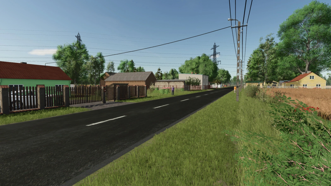 Farming Simulator 25 mod showcasing the rural Starowies Map v1.1.0.0 with houses, trees, and power lines for immersive farming experience.
