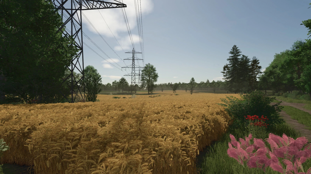 Farming Simulator 25 mod screenshot showing a wheat field with power lines, trees, and colorful flowers under a blue sky.