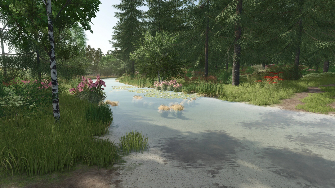 Farming Simulator 25 mod showcasing the Starowies Map v1.1.0.0 with a river and lush greenery in a forested area.