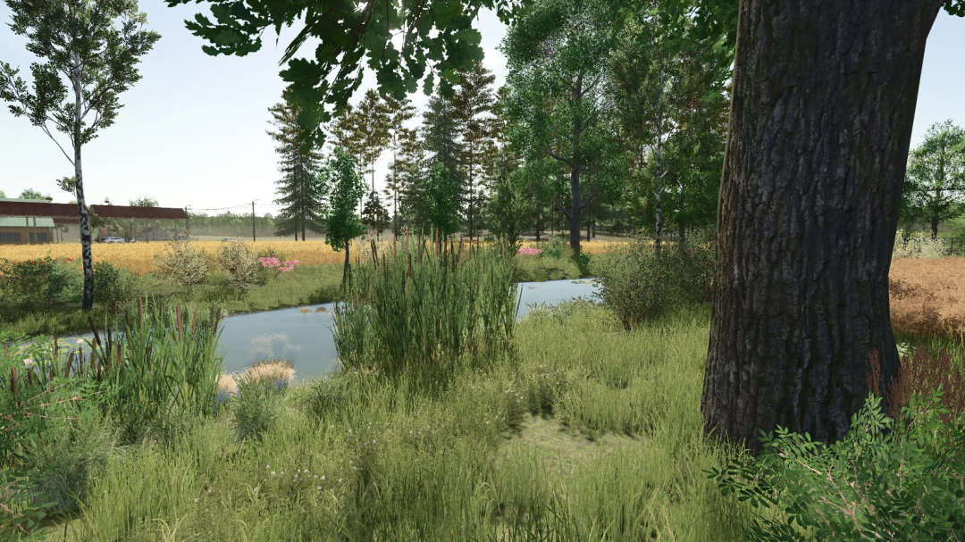 Farming Simulator 25 mod depicts a lush landscape with trees, grass, and a pond, showcasing the detailed environment of the Starowies Map v1.1.0.0.
