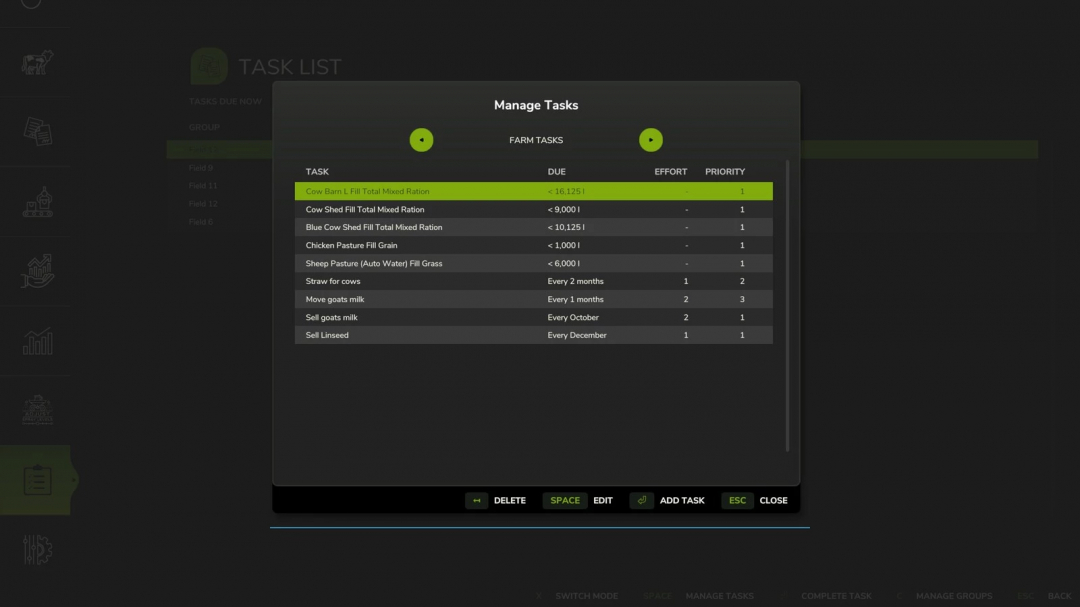 Farming Simulator 25 mod Task List management screen showing farm-related tasks with due dates and priorities.