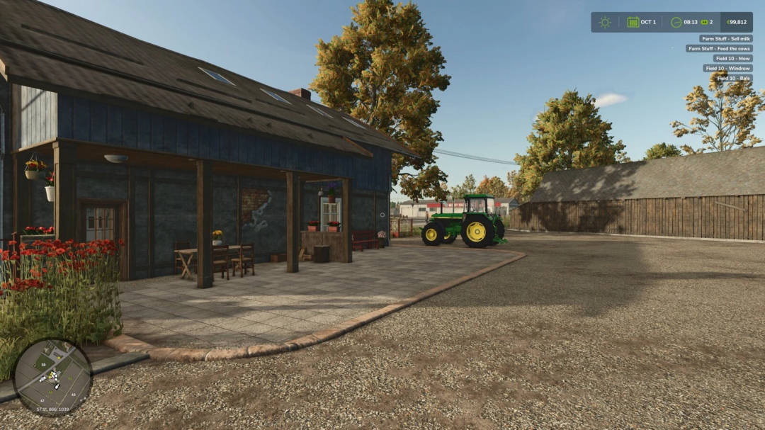 Farming Simulator 25 mod image showing a farm building, tractor, trees, and in-game HUD with tasks for selling milk, feeding cows, and watering.