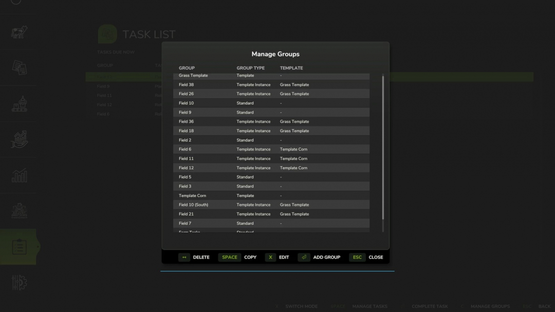 Screenshot of manage groups in Farming Simulator 25 with various group templates related to task list mod v1.0.0.0.