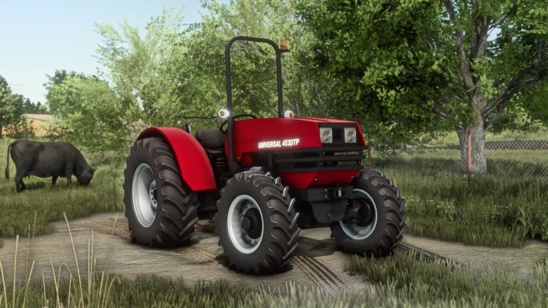 Farming Simulator 25 mod: Red UTB 453 DTP tractor on a farm field with trees and a cow in the background.