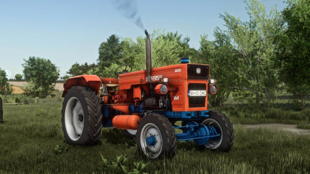 Farming Simulator 25 mods: UTB 651 v1.0.0.0 tractor with red and blue details on a grassy field.