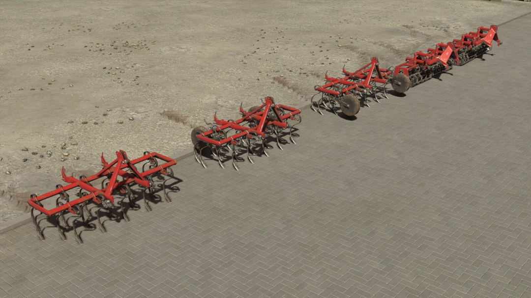 Screenshot of Unia U412/0 and APOLLO Rollers mods from Farming Simulator 25, showing red rollers on a paved area.
