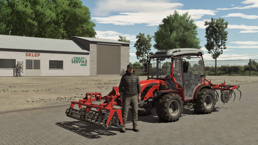Farming Simulator 25 mod featuring the Unia U412/0 and Apollo rollers with a character standing next to a red tractor in front of a farm building.