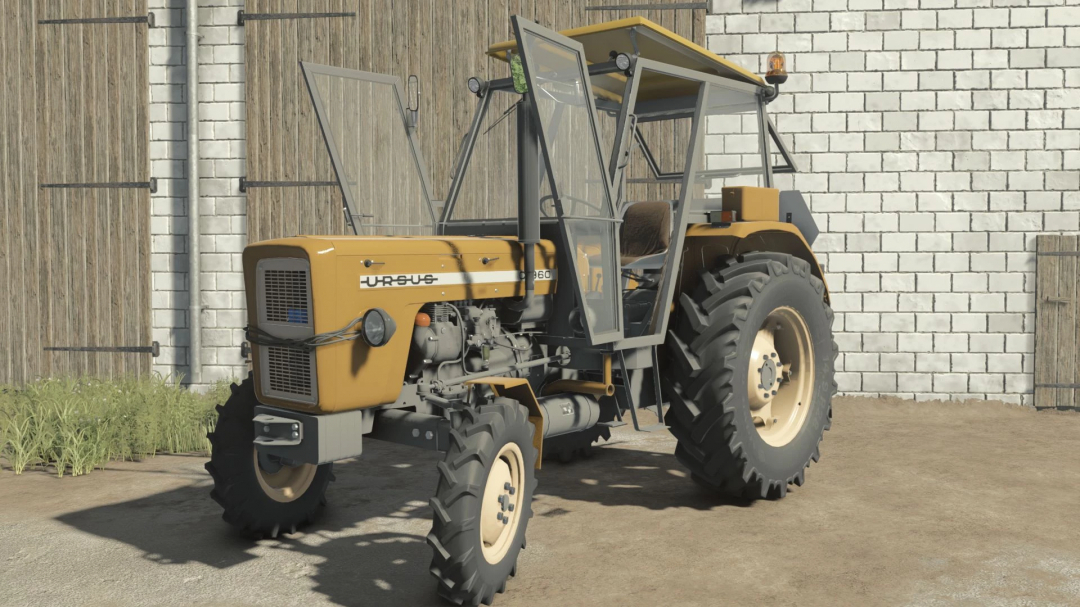 Farming Simulator 25 mod featuring the Ursus C355-C360 Pack v2.0.0.4 tractor parked outdoors next to a brick and wooden shed.