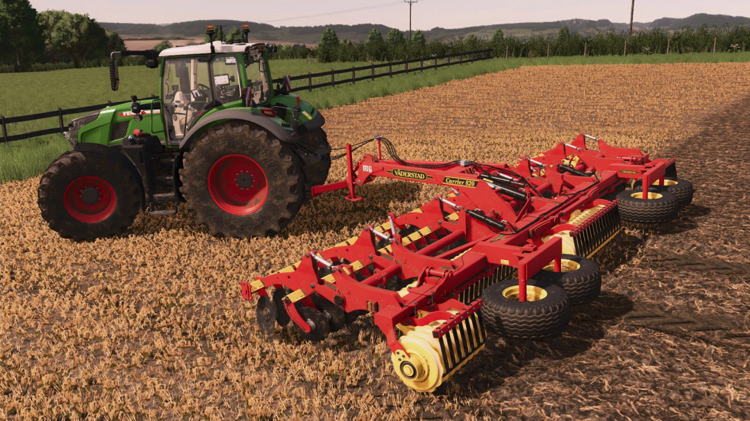 Farming Simulator 25 mods: Green tractor attached to Väderstad Carrier 820 seed drill in a cultivated field.