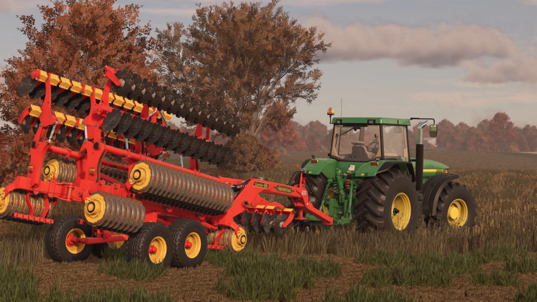 Farming Simulator 25 mod featuring a green tractor attaching a red Väderstad Carrier 820 cultivator in a fall field.