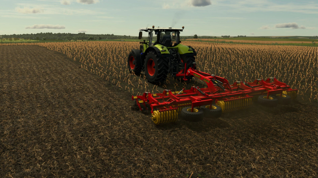 Farming Simulator 25 mod: Tractor with Väderstad Carrier 820, working in a field with crops, part of FS25 mods collection.