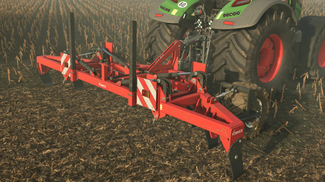 Farming Simulator 25 mod: Vegniek Hunter 600 v1.0.0.0, red cultivator attached to a tractor in a field.