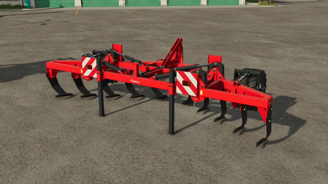 FS25 mod: Red Vegniek Hunter 600 cultivator with multiple tines, used for soil tillage in Farming Simulator 25.