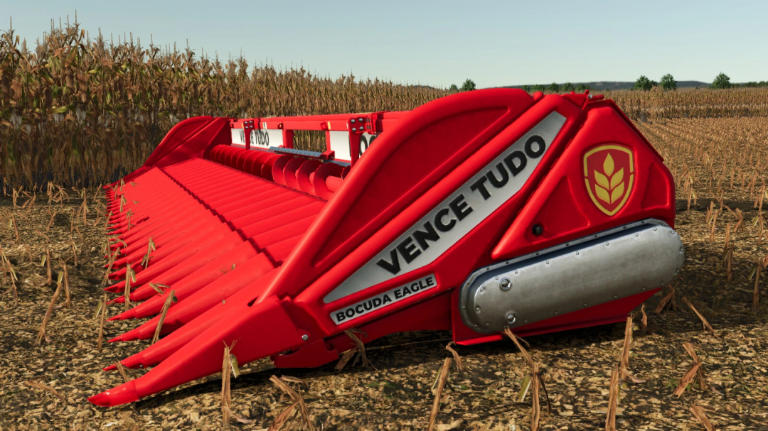Farming Simulator 25 mod: Vence Tudo Bocuda Eagle 24, a red agricultural equipment used for harvesting crops, shown in a field.