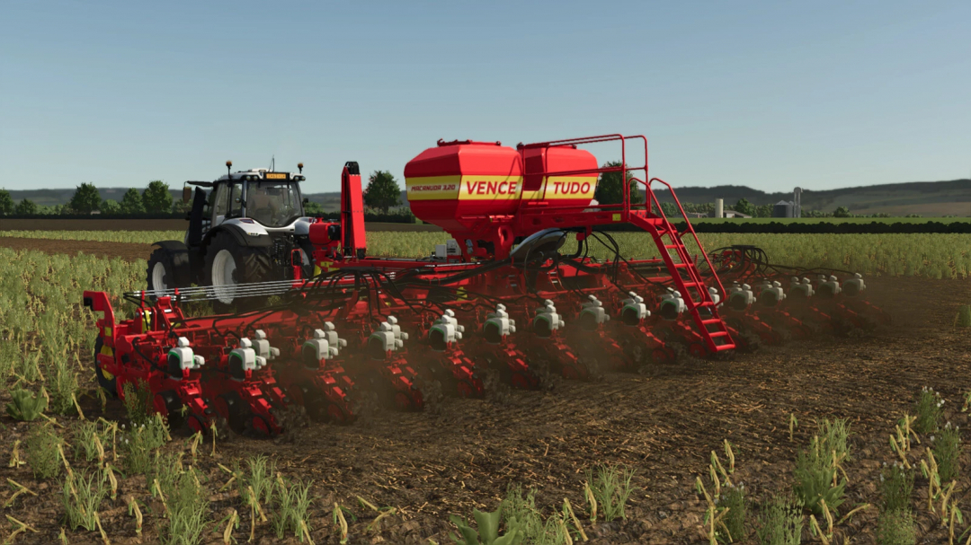 Farming Simulator 25 mod: a tractor attached to Vence Tudo Macanuda 3.20 sprayer on a farm field.