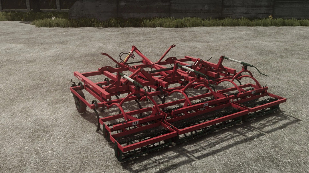Red VibroCult 360 implement from FS25 mods, used for soil cultivation in Farming Simulator 25.