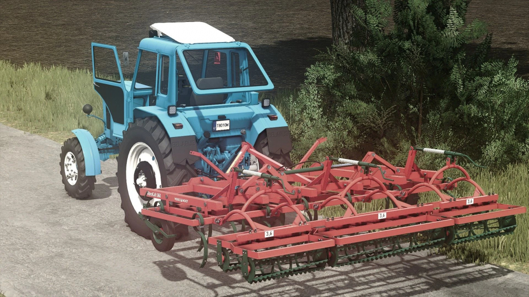 Farming Simulator 25 mod: blue tractor with Vogel Noot VibroCult 360 mod for tillage and soil cultivation.