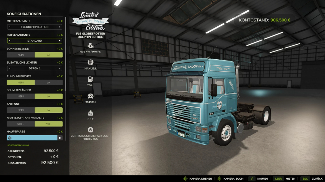 Farming Simulator 25 mod: Volvo F16 Globetrotter Dolphin Edition truck in customized edition within the game.