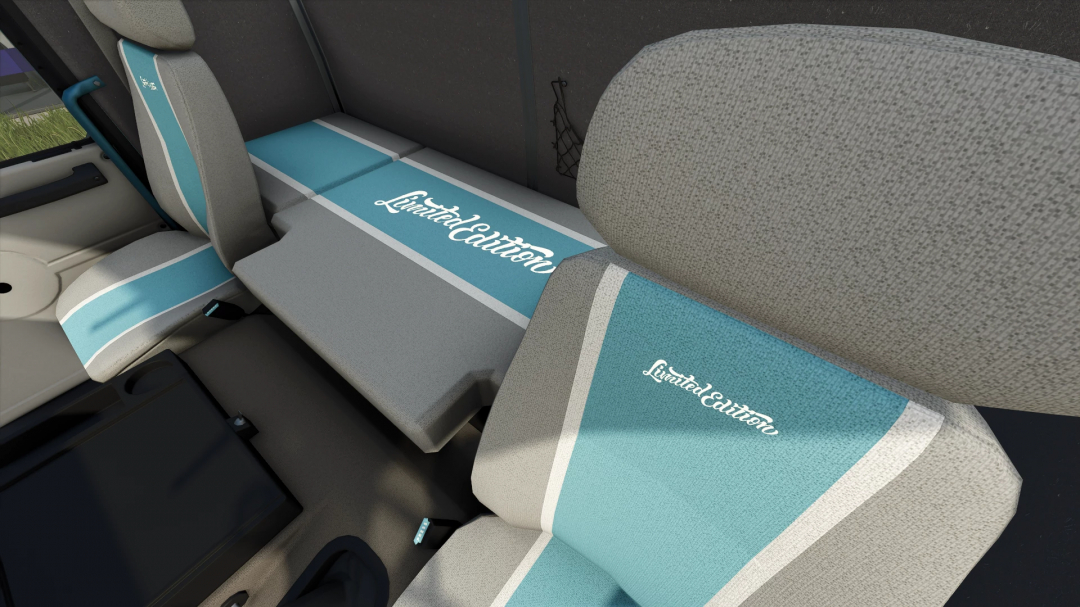 Farming Simulator 25 mod showcasing the Limited Edition Volvo F16 Globetrotter Dolphin Edition seats inside the vehicle.