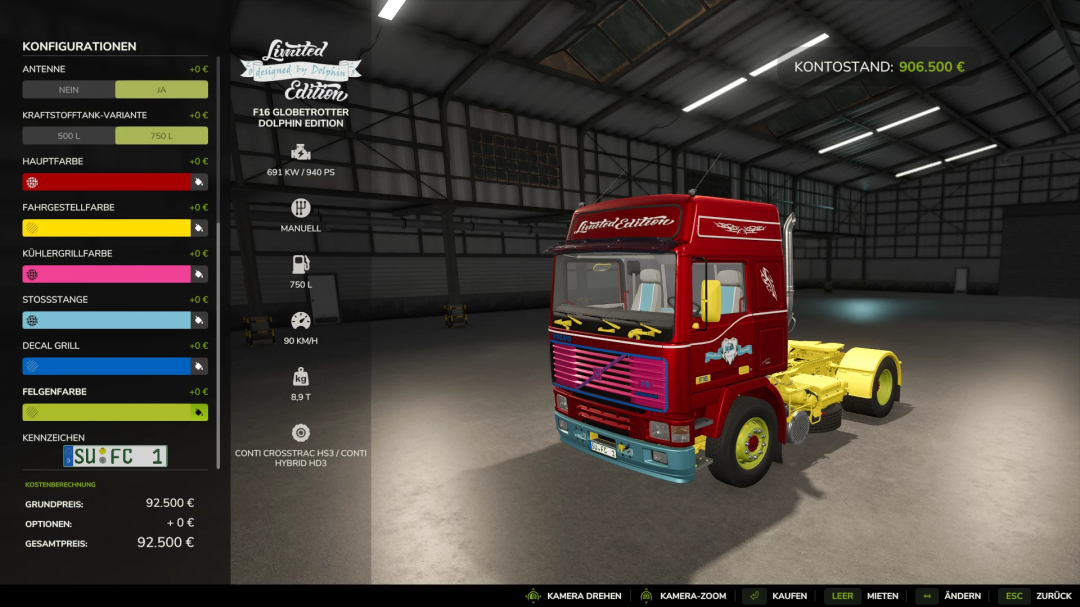 Farming Simulator 25 mod featuring a Volvo F16 Globetrotter Dolphin Edition truck with custom paint and design, in a virtual garage setting.