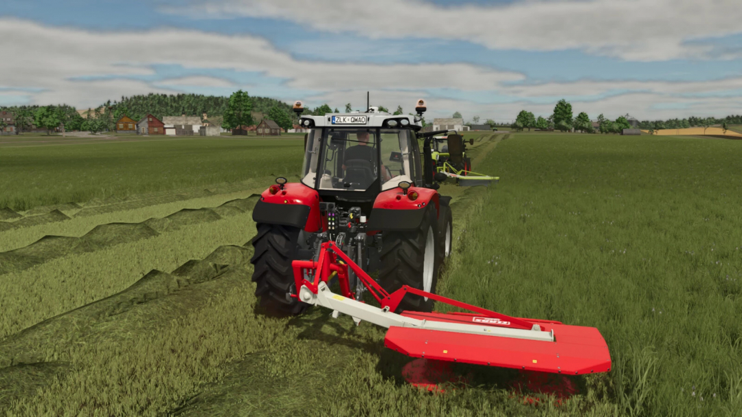 Farming Simulator 25 mod - WM-185 Mower v1.0.0.0 in action on a farm field, cutting grass with a modern mower attachment.