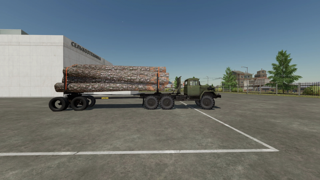 Farming Simulator 22 mod: ZIL 131 military truck hauling large logs, parked in a lot with trees and buildings in the background.
