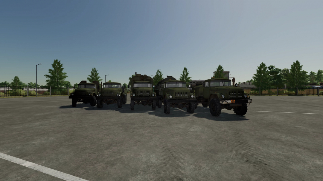 Five military-style ZIL 131 trucks parked in a row on a farming field in Farming Simulator 22, part of FS22 mods.