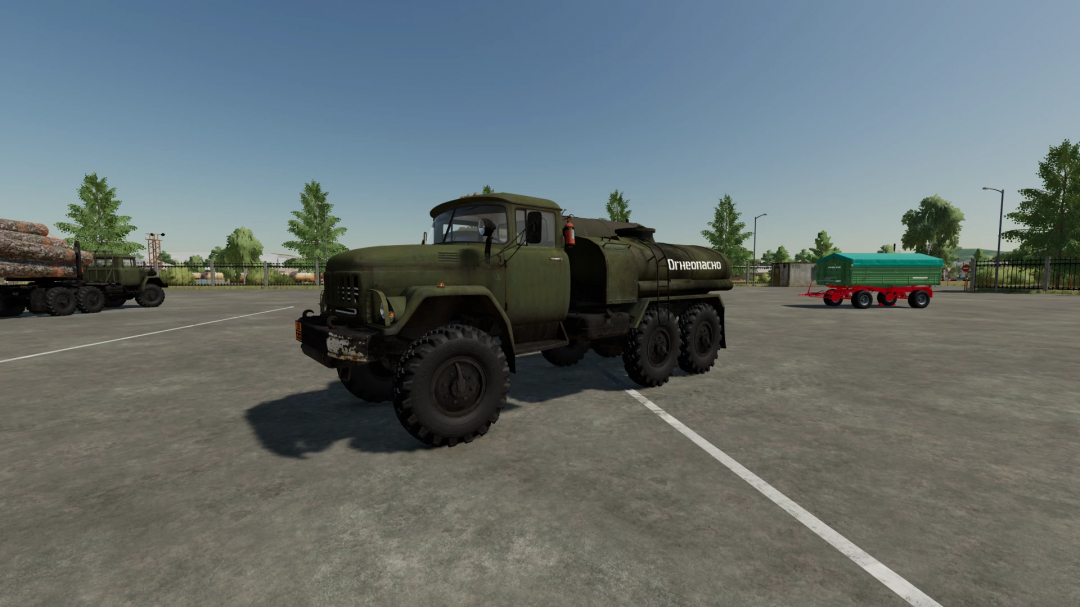 FS22 mod ZIL 131 v1.0.0.0 military truck parked in a lot, with trees and trailers in the background.