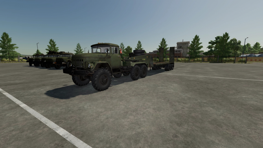 Farming Simulator 22 mod: ZIL 131 military truck with flatbed, parked in a lot with other military vehicles, realistic graphics.