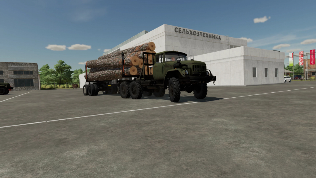 FS22 mod: Military ZIL 131 truck carrying logs, parked outside an agricultural store in Farming Simulator 22.