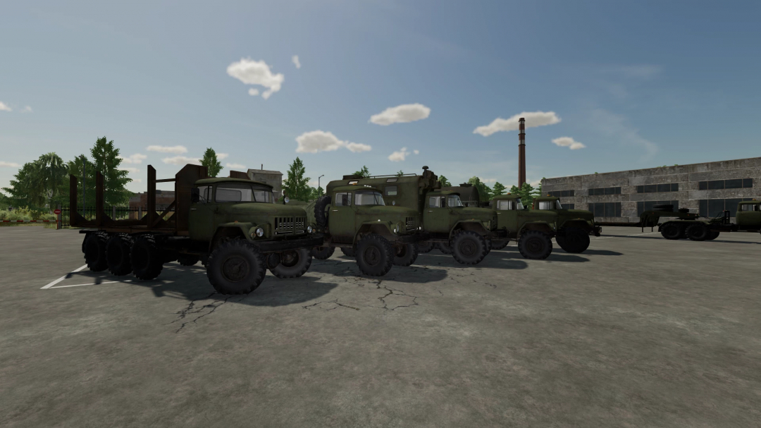 Group of military trucks in a parking lot in Farming Simulator 22 with ZIL 131 v1.0.0.0 mod, detailed military vehicles for FS22 mods.