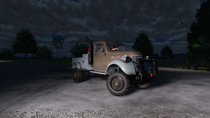 fs25-mods,  Night scene featuring a vintage utility truck with off-road tires, fitting for Farming Simulator 25 mods like the 1941 Chevy welding truck v1.0.0.0.