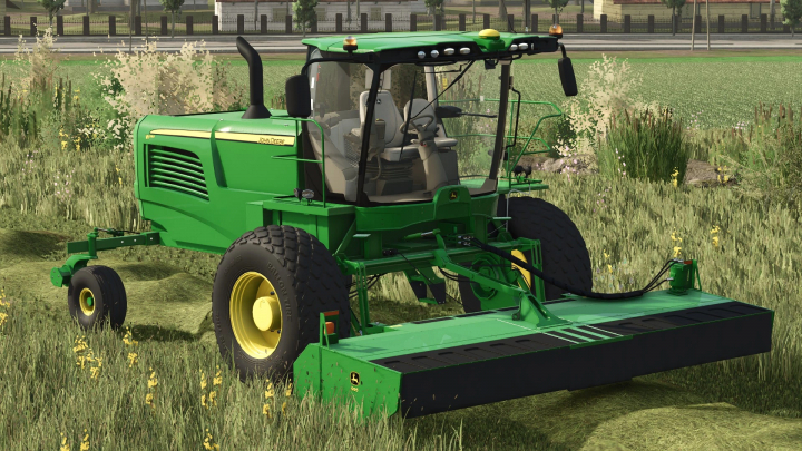 fs25-mods, Farming Simulator 25 mod: 2020 John Deere W200 Series green agricultural tractor with mowing attachment on a field