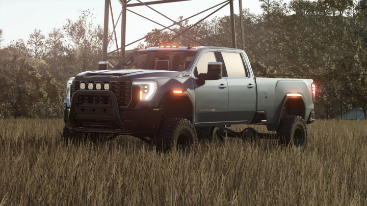fs25-mods,  Farming Simulator 25 mod: 2024 GMC Denali HD pickup truck in a field, realistic graphics and rugged design for FS25 mods.