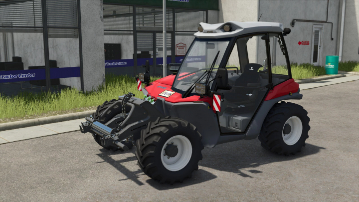 fs25-mods,  Farming Simulator 25 mod: AEBI TT 281+ tractor with front loader, parked outside a Tractor Center building.