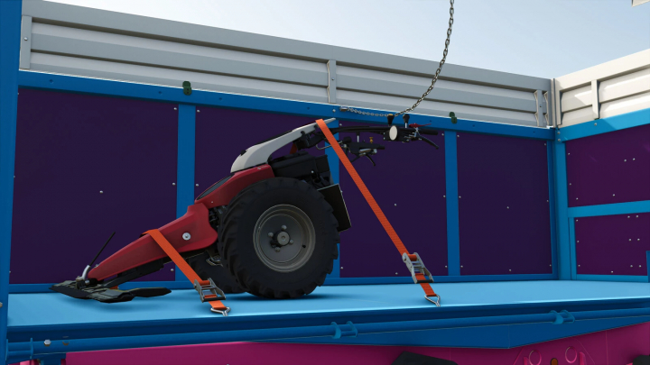 fs25-mods, Aebi CC66 mod from Farming Simulator 25 loaded on a truck with safety straps, ready for transport.
