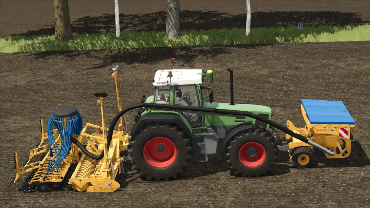 fs25-mods,  Farming Simulator 25 mod: Alpego ASmaX 4m Pack v1.0.0.0 attached to a green tractor in a farming field.