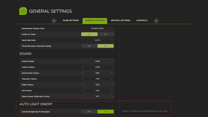 fs25-mods,  Farming Simulator 25 mod: Auto Light On/Off v1.0.0.0 settings screen showing automatic lighting feature enabled for the player.