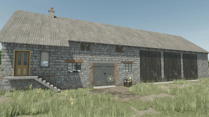 fs25-mods,  Barn with cowshed mod in Farming Simulator 25, featuring stone walls, wooden doors, windows, and barrels in front, part of FS25 mods.