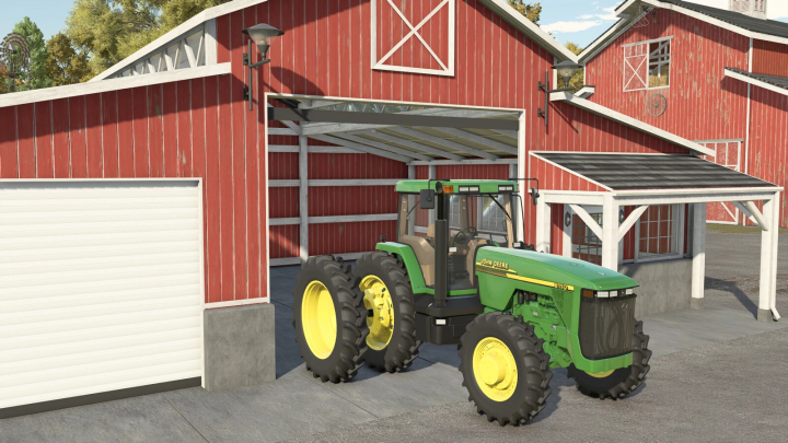 fs25-mods, Farming Simulator 25 mod: John Deere 8110 tractor parked inside a red barn with a sheltered area for farming activities, part of FS25 mods.