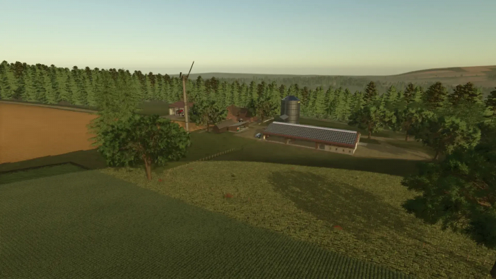 fs25-mods, A rural farm scene from Farming Simulator 25 showing fields, trees, farm buildings, and silos with a scenic background.